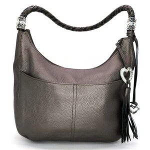 Brighton Barbados Pewter Pebbled Leather Hobo Bag with Heart Charms
